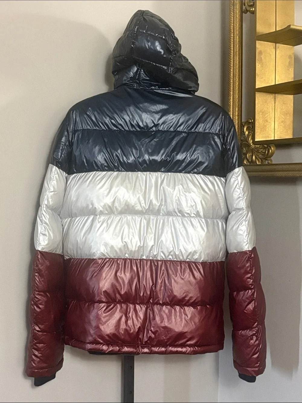 Tommy Hilfiger Small Jacket Puffer Nylon Hooded Colorblock Navy White Burgundy